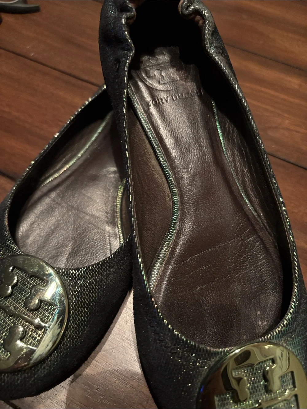 Tory Burch Black Metallic Logo Ballet Flats